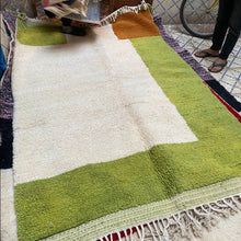 Load image into Gallery viewer, Moroccan wool rug, one-of-a-kind modern Boujaad design in ivory, lime, and orange
