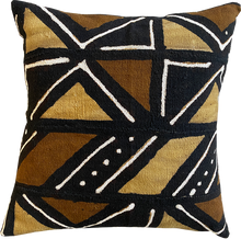 Load image into Gallery viewer, Brown, black, and white mudcloth pillows with geometric designs styled on Scandinavian bench. Modern pillows made in USA, designed in Mali
