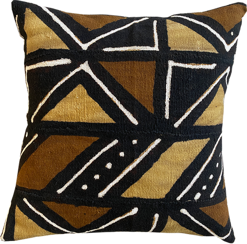 Brown, black, and white mudcloth pillows with geometric designs styled on Scandinavian bench. Modern pillows made in USA, designed in Mali