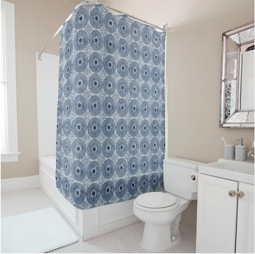 African wax print shower curtain in black and white, modern bathroom. Global homes and eclectic interior design in Brooklyn, Washington, DC, San Francisco.