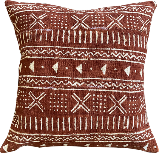 Sienna brown mudcloth pillows with minimalist geometric designs. Modern pillows made in USA, designed in Mali.