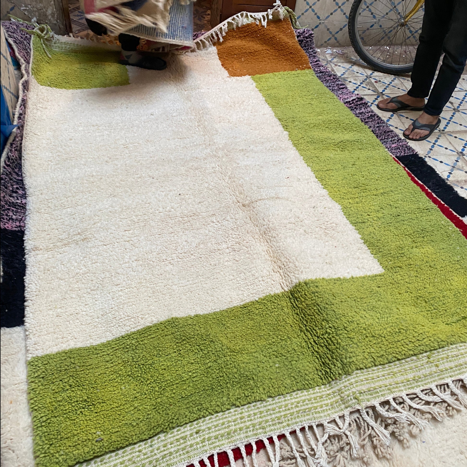 Moroccan wool rug, one-of-a-kind modern Boujaad design in ivory, lime, and orange