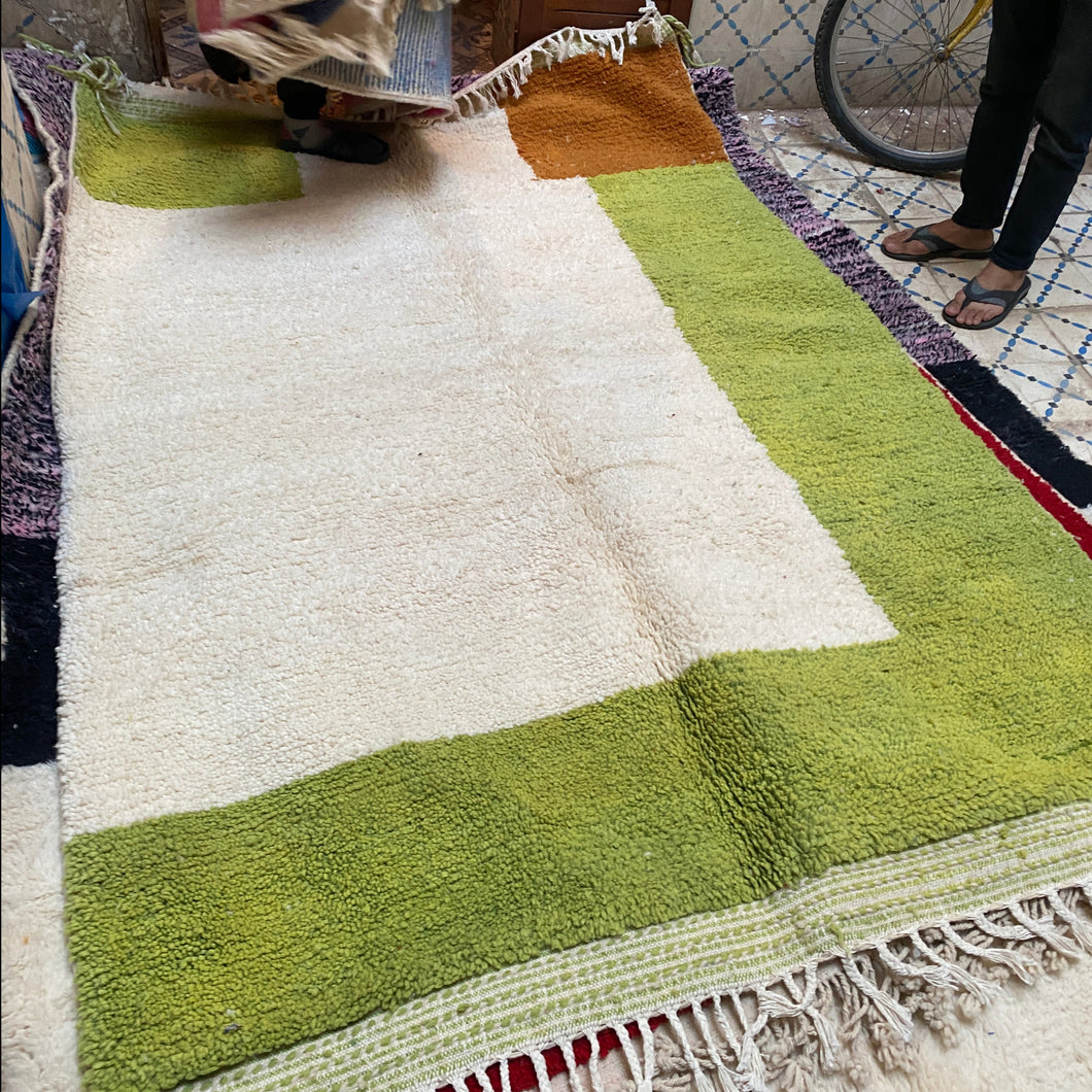 Moroccan wool rug, one-of-a-kind modern Boujaad design in ivory, lime, and orange