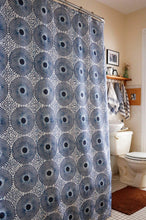 Load image into Gallery viewer, African wax print shower curtain in black and white, modern bathroom. Global homes and eclectic interior design in Brooklyn, Washington, DC, San Francisco.
