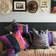 Load image into Gallery viewer, Fair Trade batik textile home goods for modern Boho home, pillows made in Ghana in partership with Osei-Duro. African home decor and textiles in modern home with African art and juju hat.
