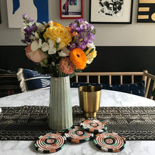 Load image into Gallery viewer, Mudcloth table runner on modern dining table, and and with mudcloth pillows. Perfect for holiday gifts and housewarming gifts, and wedding registries. Fair Trade made in Mali Africa.
