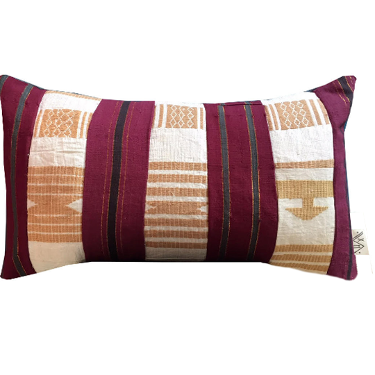 Upcycled vintage asooke lumbar pillow in burgundy and white with gold embroidery.