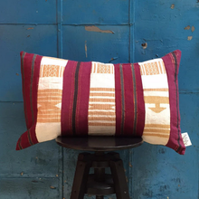 Load image into Gallery viewer, Upcycled vintage asooke lumbar pillow in burgundy and white with gold embroidery.
