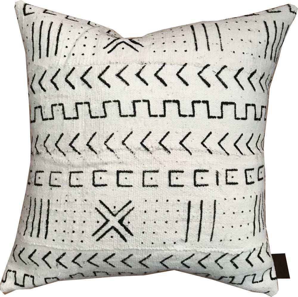 White mudcloth pillow with geometric designs, made in USA, designed in Mali