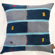 Load image into Gallery viewer, Blue Handcrafted vintage Baule pillow with accent embroidery. Ivory Coast textile and African home goods.
