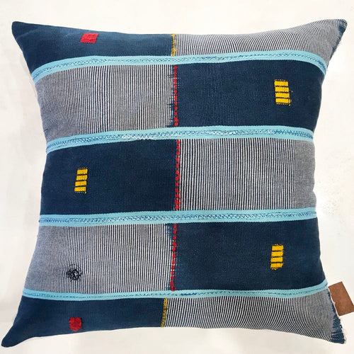 Blue Handcrafted vintage Baule pillow with accent embroidery. Ivory Coast textile and African home goods.