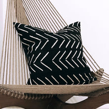 Load image into Gallery viewer, Handcrafted black mudcloth pillow with minimalist designs, made in USA, designed in Mali.

