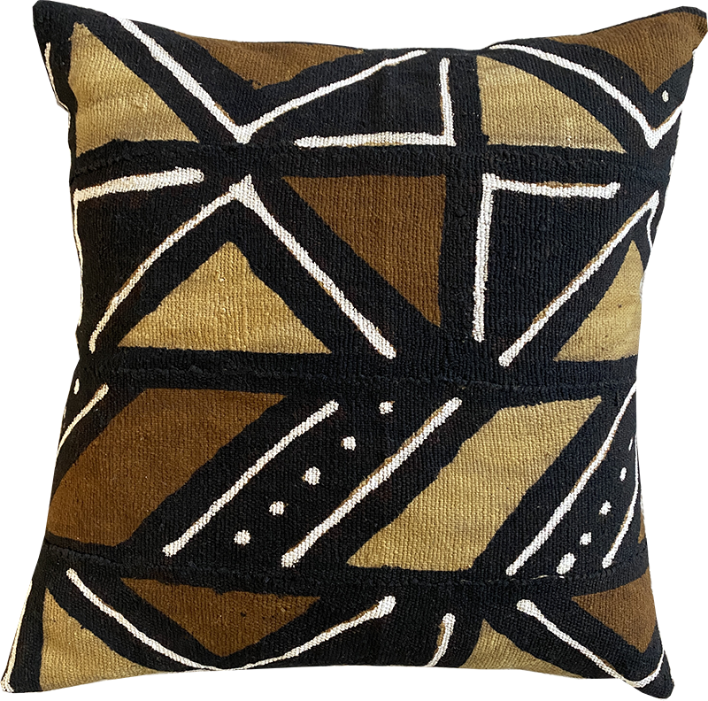 Brown, black, and white mudcloth pillows with geometric designs styled on Scandinavian bench. Modern pillows made in USA, designed in Mali
