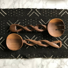 Load image into Gallery viewer, Fair Trade home goods, Sustainable African salad servers for housewarming and wedding registry gifts. Handcarved acacia wood on mudcloth table runner.
