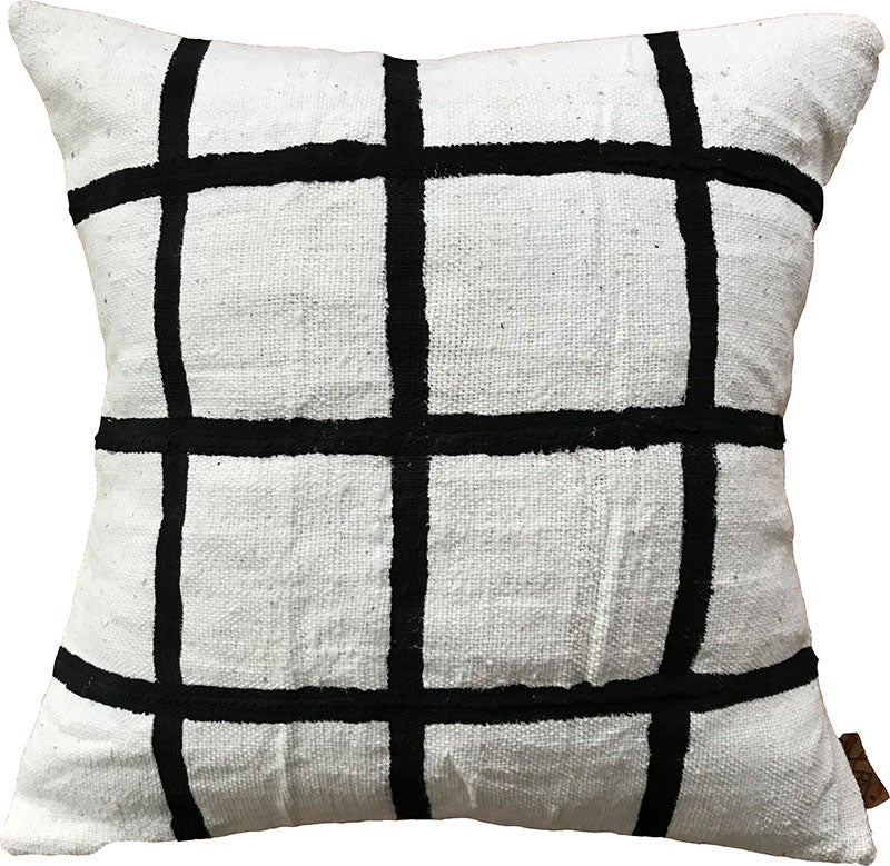 Handpainted white mudcloth pillows with minimalist design. Made in USA, designed in Mali.