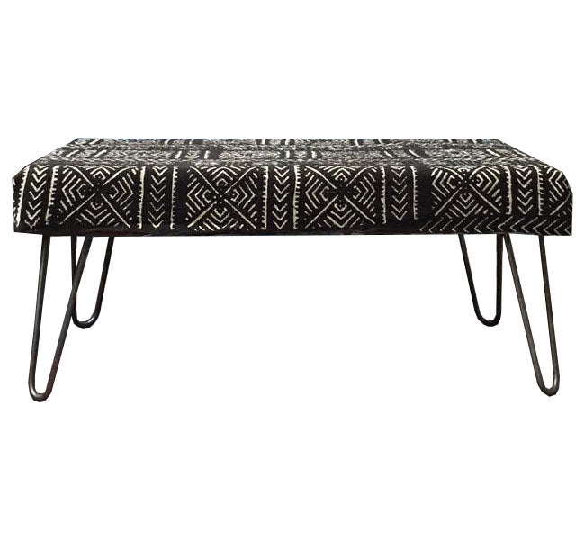 Handcrafted and minimalist mudcloth bench. Made in industrialist style with hairpin legs.