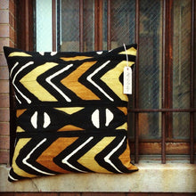 Load image into Gallery viewer, Brown, black, and white mudcloth pillow with geometric designs, made in USA, designed in Mali
