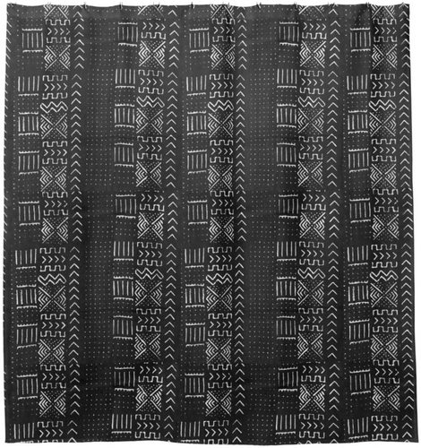 Mudcloth shower curtain in black and white, modern bathroom. Global homes and eclectic interior design in Brooklyn, Washington, DC, San Francisco.