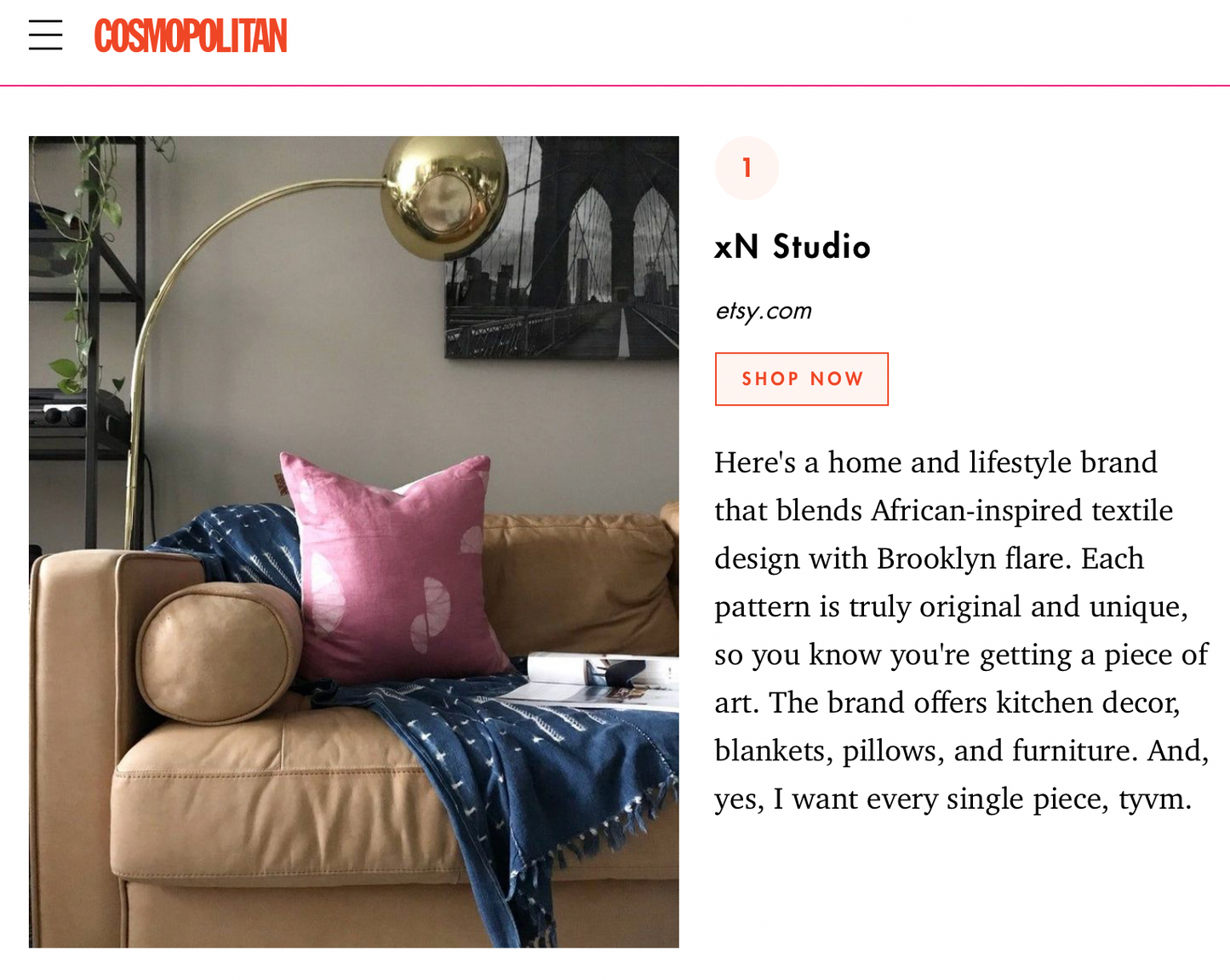 Cosmo Magazine, Batik textile home goods for modern Boho home, pillows made in Ghana with Indigo throw. Fair Trade.