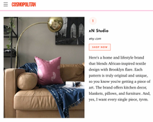 Load image into Gallery viewer, Cosmo Magazine, Batik textile home goods for modern Boho home, pillows made in Ghana with Indigo throw. Fair Trade.
