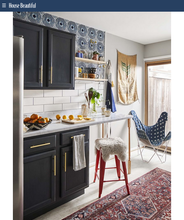 Load image into Gallery viewer, As seen in House Beautiful magazine. Bohemian chic blue wallpaper in the kitchen with open shelving. Inspired by classic African wax print designs. Also perfect fro mudrooms, entryways, and bedrooms.
