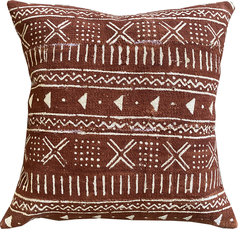 Sienna brown mudcloth pillows with minimalist geometric designs. Modern pillows made in USA, designed in Mali. 