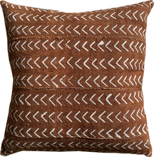 Load image into Gallery viewer, Sienna brown mudcloth pillows with minimalist geometric designs. Modern pillows made in USA, designed in Mali. Seen here with African art.
