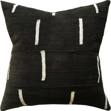 Load image into Gallery viewer, Handcrafted African mudcloth pillows in black with white geometric designs. 
