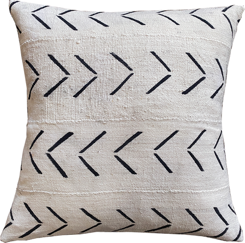 Handcrafted white mudcloth pillow with geometric designs, made in USA, designed in Mali
