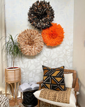 Load image into Gallery viewer, Cameroonian Juju hat wall decor in multiple colors, ethically sourced by xN Studio. Seen here with Bamileke stool and mudcloth pillow.
