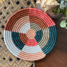 Load image into Gallery viewer, African basket, Fair Trade made in Uganda. Decorative and African art on table with kuba cloth table mat..
