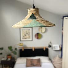 Load image into Gallery viewer, Handcrafted Ugandan basket lampshade made from raffia and banana leaves. Fair Trade home decor for global and electic homes.
