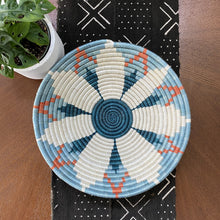 Load image into Gallery viewer, African baskets, Fair Trade made in Uganda and Rwanda. Decorative and African art on gallery wall with mudcloth pillows and table runner.
