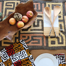 Load image into Gallery viewer, Fair Trade home goods made in Uganda, Sustainable African salad servers for housewarming and wedding registry gifts. Handcarved acacia wood and bone on kuba cloth table runner.

